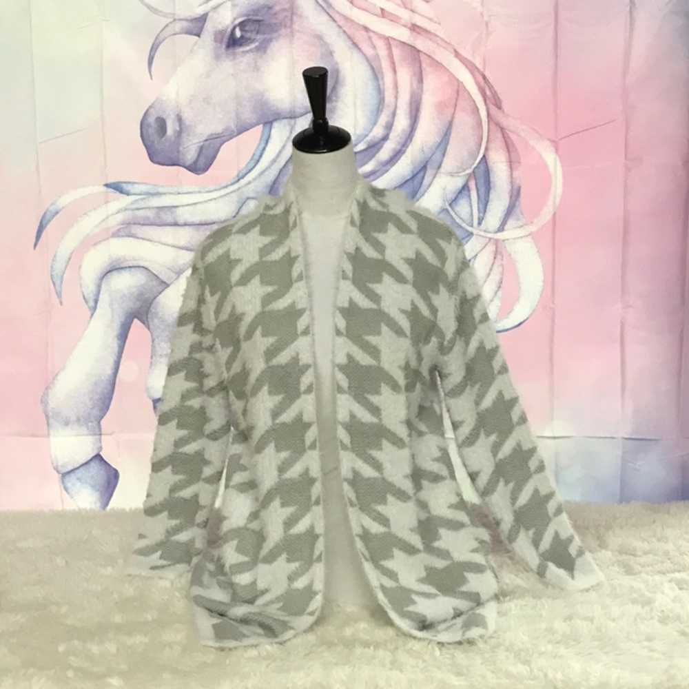 Houndstooth pattern hooded cardigan